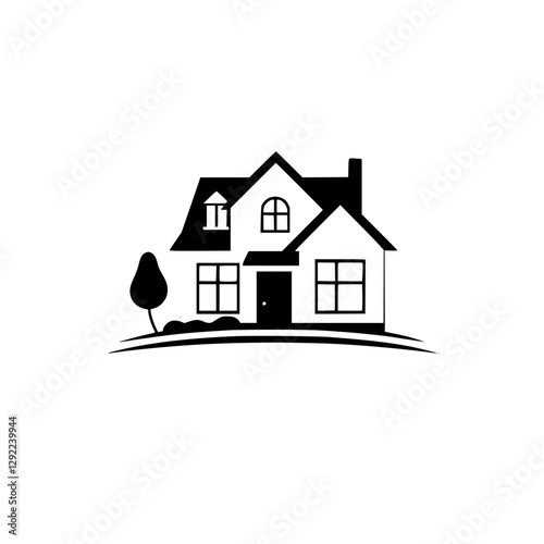 Minimalist black and white house illustration featuring a simple design and a tree on a hill.