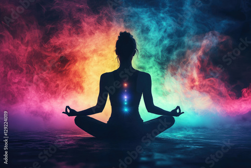 Silhouette of a woman meditating in a colorful smoky background, showcasing inner peace and spiritual energy.