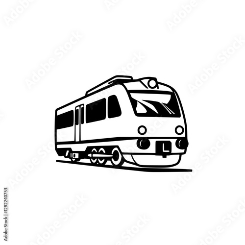 Modern commuter train in outline style, black and white, isolated on white, with clean lines and strong contrast.