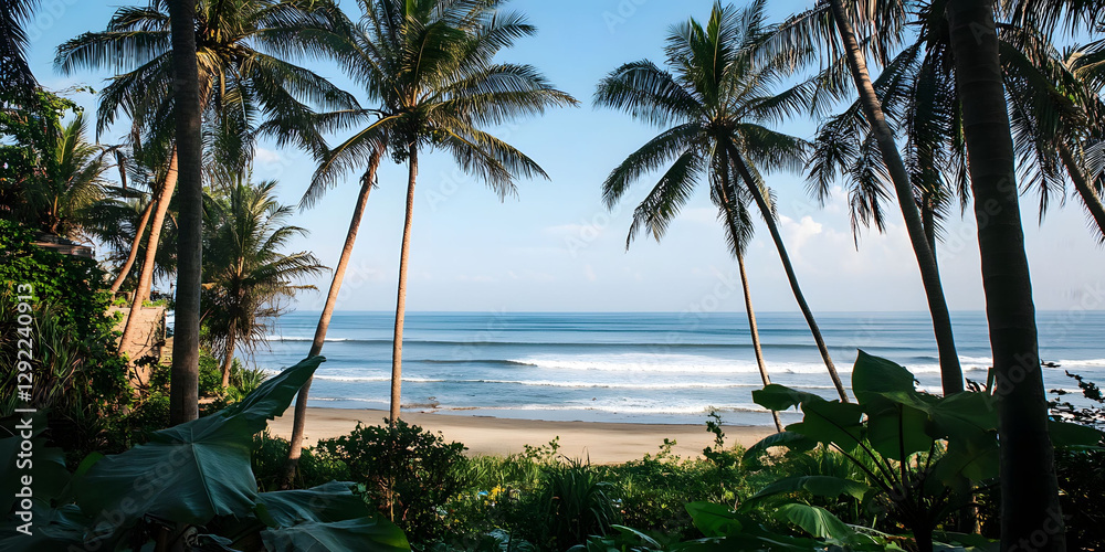 Fototapeta premium Serene Tropical Beach View Through Palm Trees
