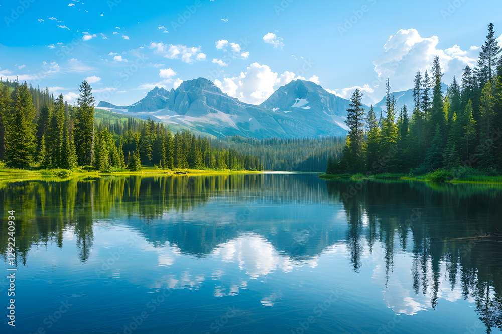 Pristine Mountain Lake Reflecting Lush Forests Under Clear Blue Sky, Capturing Pure Natural Beauty Pristine Mountain Lake Reflecting Lush Forests Under Clear Blue Sky, Capturing Pure Natural Beauty