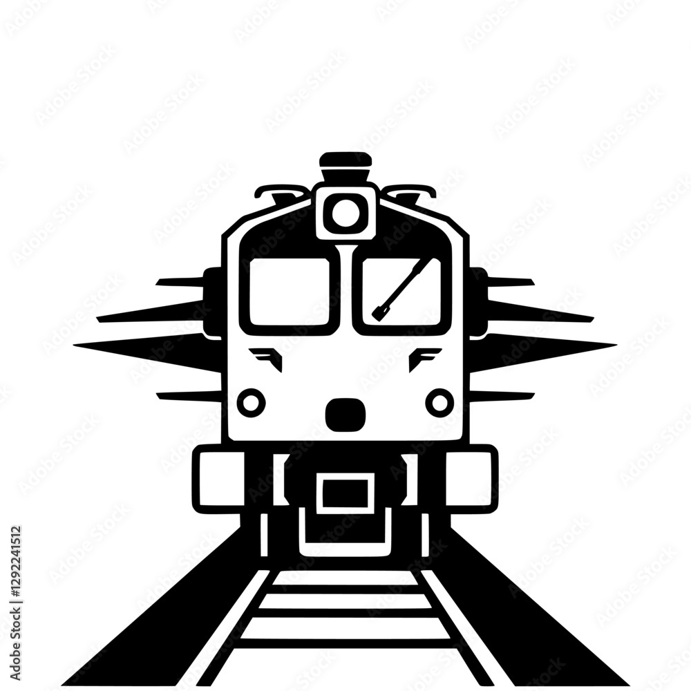 Frontal view of a black and white train speeding towards the viewer over tracks. Clean, minimalist design. Frontal view of a black and white train speeding towards the viewer over tracks. Clean, minimalist design.