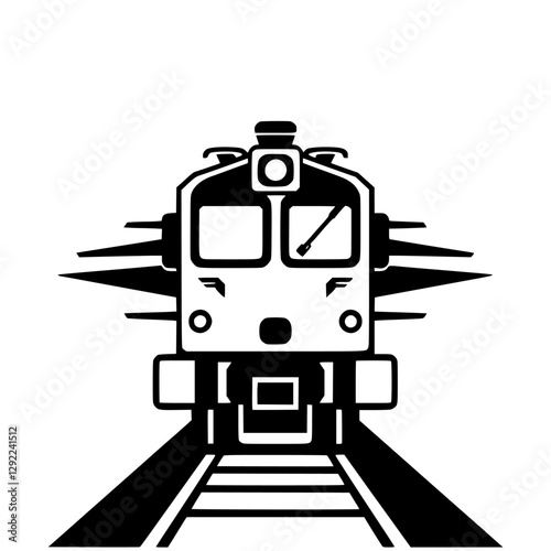 Frontal view of a black and white train speeding towards the viewer over tracks. Clean, minimalist design.