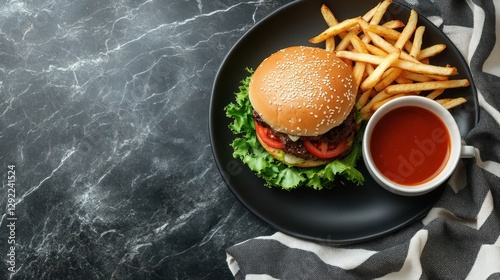 Gourmet burger and fries on black plate, marble background, tablecloth photo