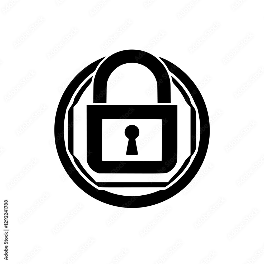 Black and White Icon: A circular padlock surrounded by concentric rings, symbolizing security and protection, minimalist design. Black and White Icon: A circular padlock surrounded by concentric rings, symbolizing security and protection, minimalist design.