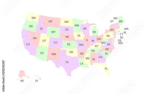 Colorful outline map of the United States highlighting states in various shades with labeled abbreviations. Vector