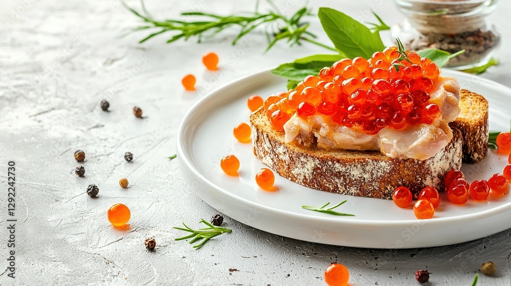 A red-caviar-covered slice of bread on a green plate A red-caviar-covered slice of bread on a green plate