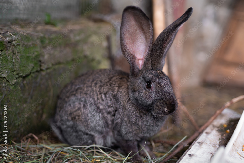 a beautiful grey domestic rabbit is grazing and walking in the enclosure outdoors