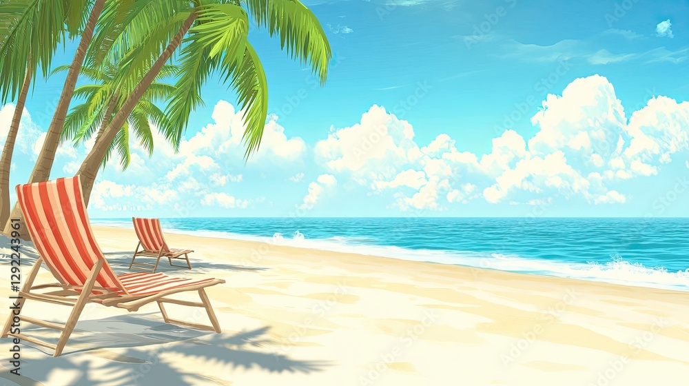 On a bright day at the beach, two lounge chairs sit on the white sand beneath towering palm trees, overlooking the blue ocean On a bright day at the beach, two lounge chairs sit on the white sand beneath towering palm trees, overlooking the blue ocean