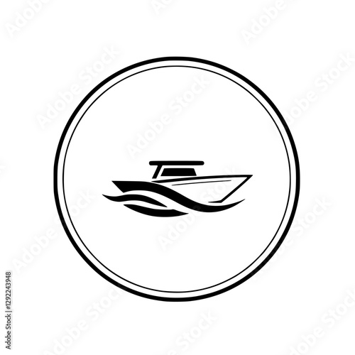 Boat Illustration within a Circle: Minimalist Black and White Logo Design.