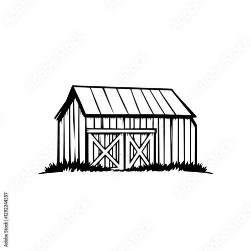 Rustic monochrome illustration of a barn or shed. Simple, minimalist, stylized design of the building, perfect for a logo.