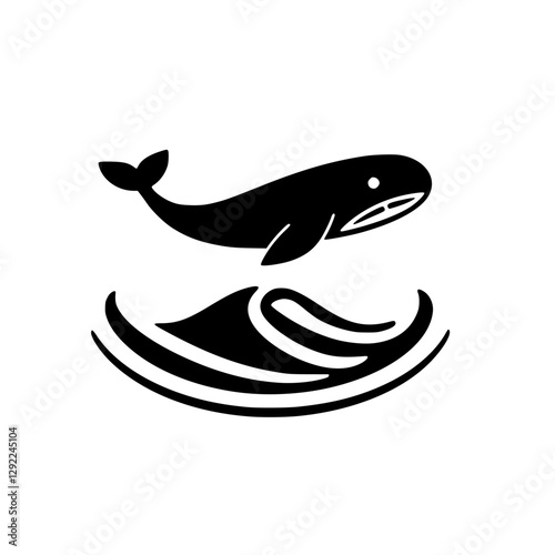Black and white whale silhouette rising from the ocean, waves, and splashing.