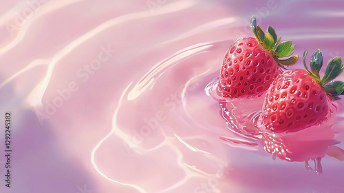   Strawberries float in pink liquid on water body; green leaf atop one