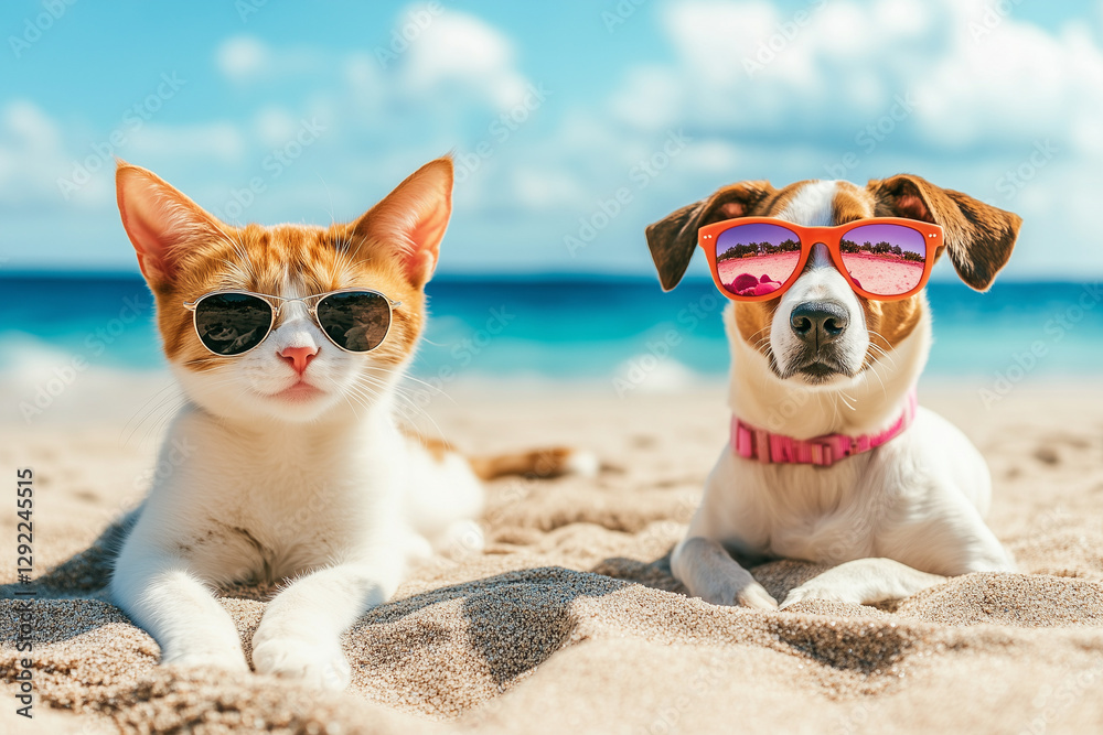 Cat and dog enjoying a summer holiday together, fun vacation vibes Cat and dog enjoying a summer holiday together, fun vacation vibes