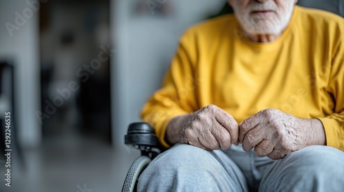 Elderly man in wheelchair, indoor, thoughtful, care photo