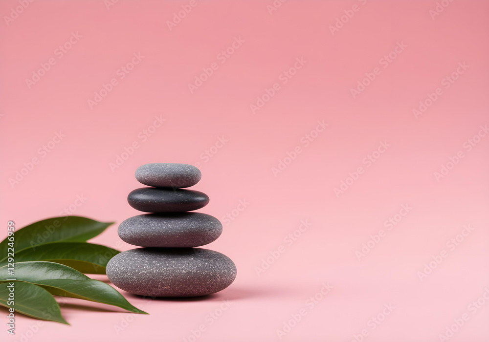 Relaxing stacked stones on pink background with green leaves for wellness and serenity. Relaxing stacked stones on pink background with green leaves for wellness and serenity.