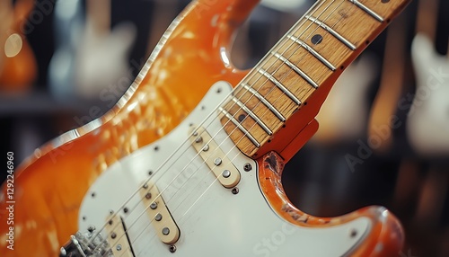 Orange electric guitar in store display