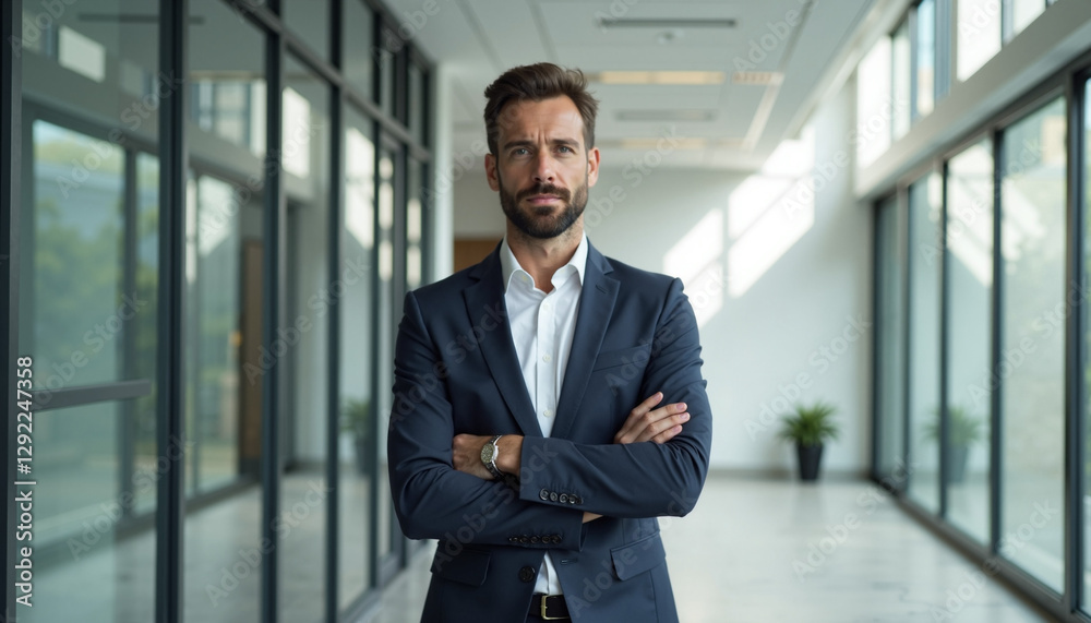 Confident businessman posing in modern office hallway Confident businessman posing in modern office hallway
