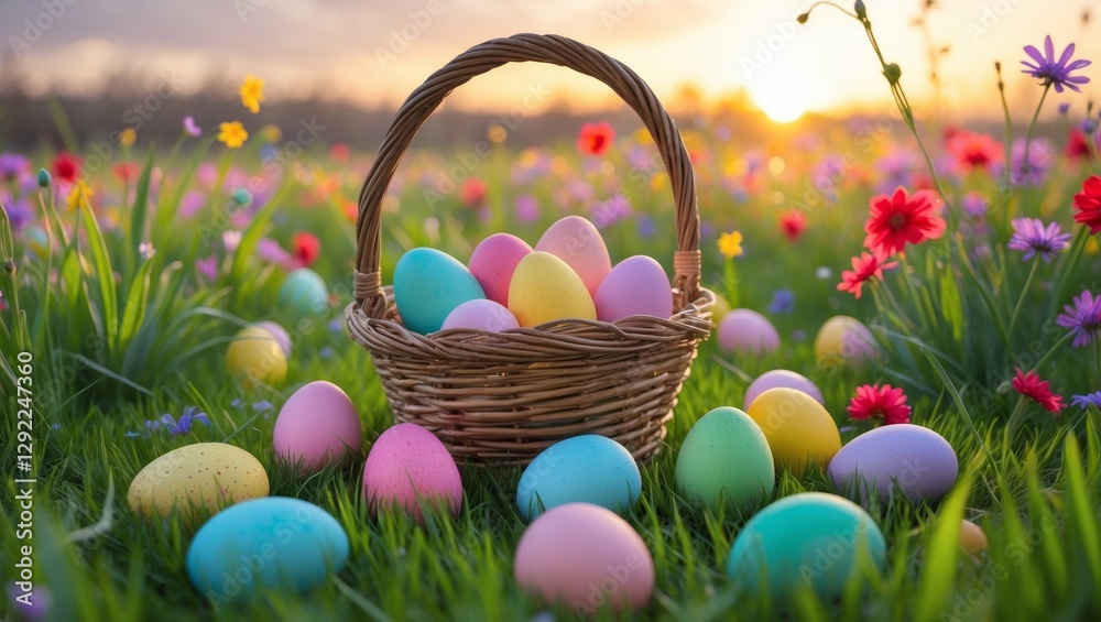 Colorful Easter Eggs in Basket and Field at Sunset Colorful Easter Eggs in Basket and Field at Sunset