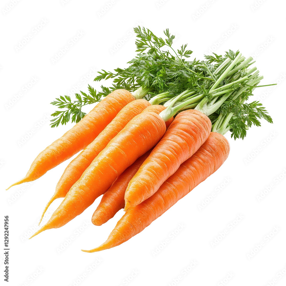 Fresh carrots with green tops isolated on a white background for culinary use and promotional purposes, Fresh carrots isolated on white background Fresh carrots with green tops isolated on a white background for culinary use and promotional purposes, Fresh carrots isolated on white background