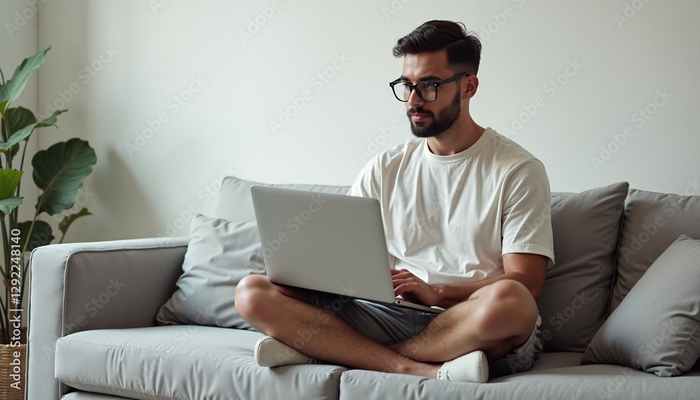 Man working on laptop sitting on sofa with indoor plants Man working on laptop sitting on sofa with indoor plants