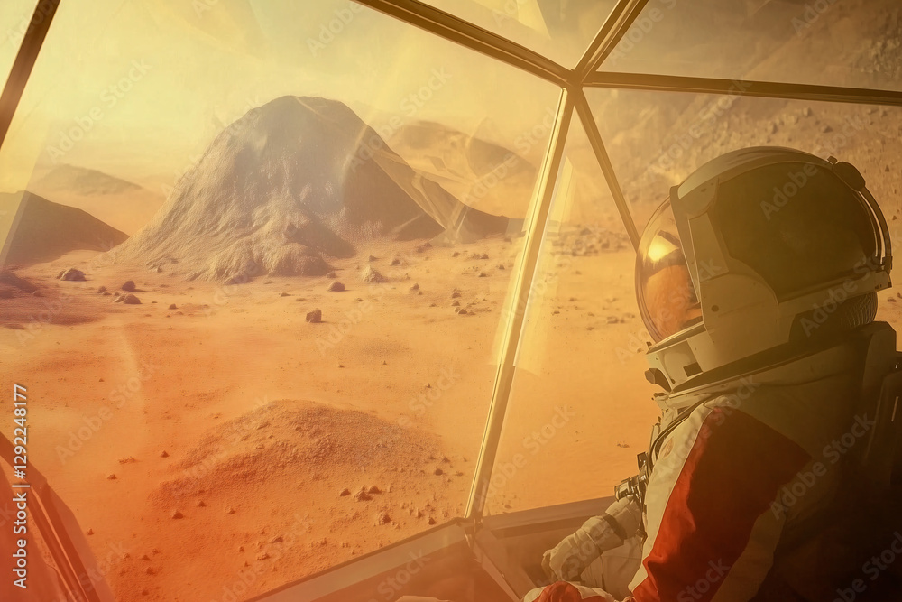 Fototapeta premium Martian Vista: A lone astronaut gazes through the viewport of a habitat, marveling at the desolate, yet captivating Martian landscape with a distant mountain range.