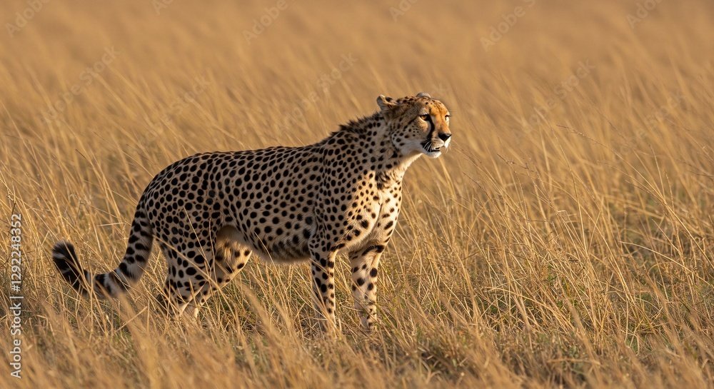 Cheetah standing majestically in golden grasslands exuding a sense of calm and grace while observing its surroundings under the warm sunlight Cheetah standing majestically in golden grasslands exuding a sense of calm and grace while observing its surroundings under the warm sunlight