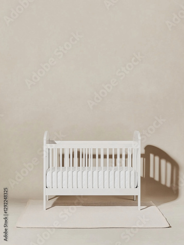 Serene Nursery Scene: Minimalist aesthetic showcases a classic white crib resting atop a neutral rug, bathed in soft natural light. evoking a sense of peace and anticipation.