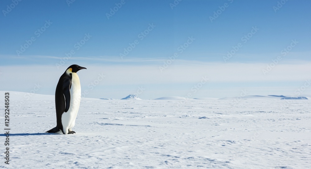 Fototapeta premium An elegant Emperor Penguin standing alone on a vast icy landscape under a clear blue sky, conveying a sense of solitude and tranquility