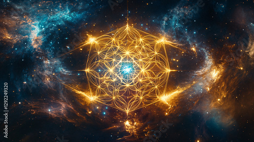 Glowing sacred geometry composition featuring the Flower of Life, Metatron’s Cube, and Merkaba