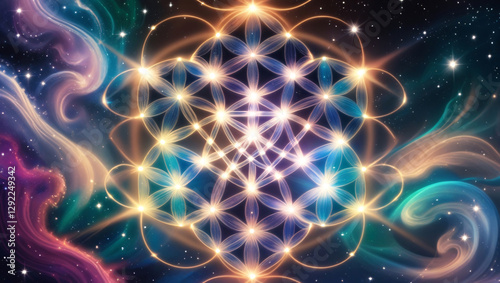 A luminous, intricate glowing sacred geometry composition featuring the Flower of Life, Metatron's Cube, and Merkabaf