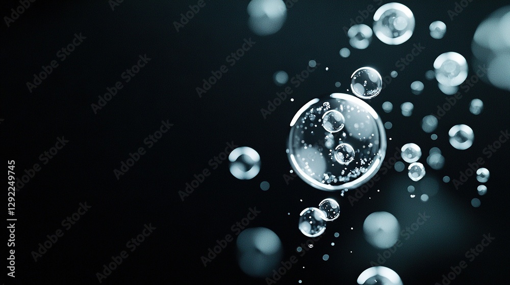 Bubbles float in black background, topped with water droplet Bubbles float in black background, topped with water droplet