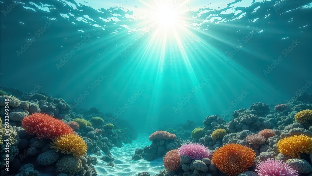 Fototapeta premium Sunlit coral reef underwater showing signs of bleaching and recovery 