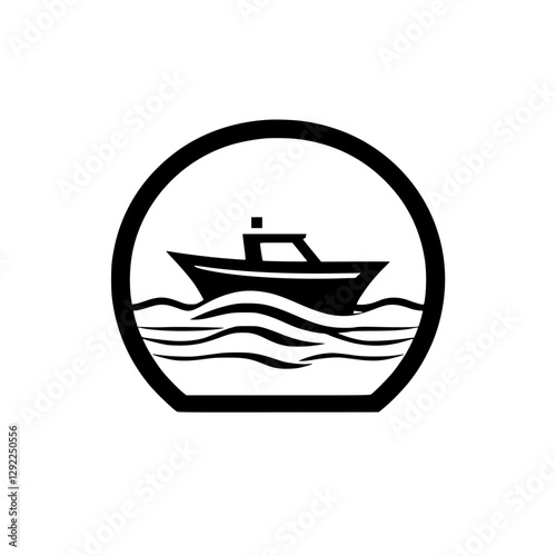 Simple illustration of a boat sailing on water within a circle.