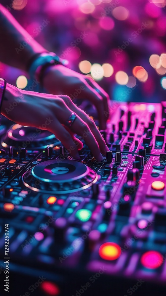 Fototapeta premium A DJ performing at an outdoor music festival, with colorful lights illuminating the night sky, Event photography, High-energy, Vivid colors