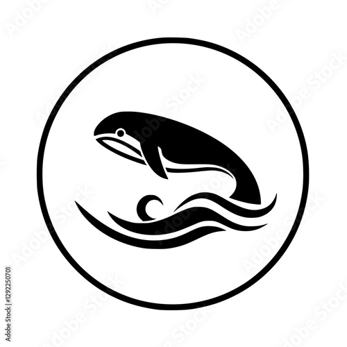 Black & White minimal design of a whale breaching the water, enclosed within a circle.
