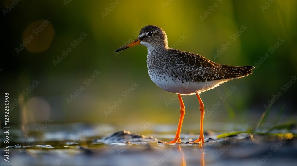 Shorebird - Redshank Tringa totanus on summer time warm light, migratory bird Poland Europe Shorebird - Redshank Tringa totanus on summer time warm light, migratory bird Poland Europe