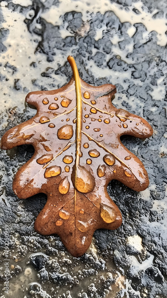 Autumnal Serenity: A Dew-Kissed Oak Leaf Autumnal Serenity: A Dew-Kissed Oak Leaf