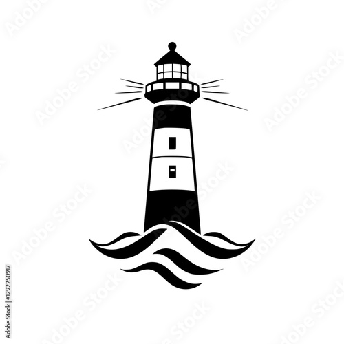 Black and white silhouette of a lighthouse amidst stylized waves.