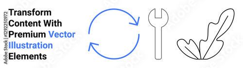 Circular arrows represent process flow, wrench symbolizes customization, leaf conveys eco-friendly concepts. Ideal for design, engineering, nature, workflow, tools, innovation flat landing page