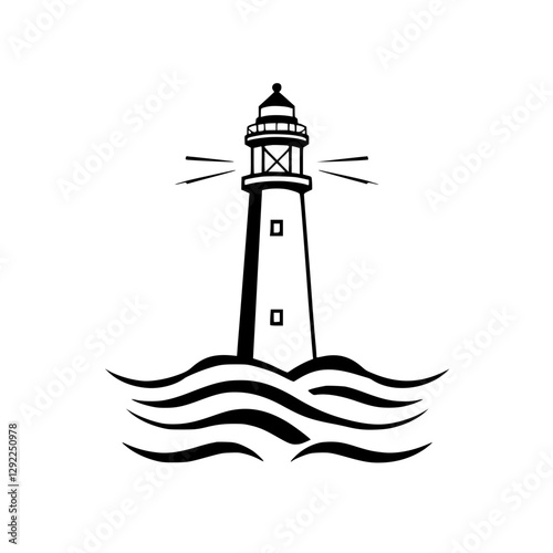 Minimalist lighthouse illustration: a black and white depiction of a lighthouse amidst ocean waves.