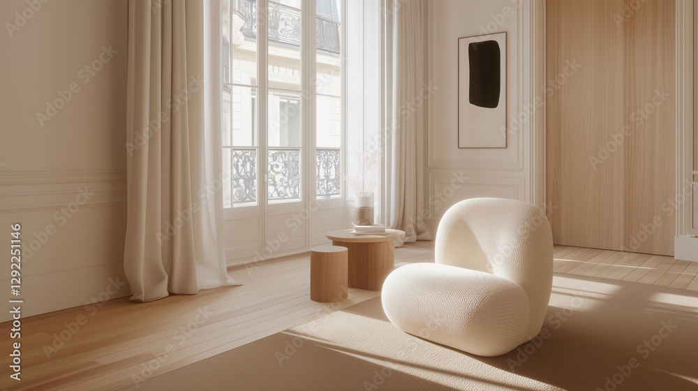 Fototapeta premium Intérieur parisien épuré avec fauteuil blanc design et fenêtre style haussmannien
