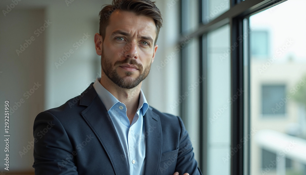 Confident man in suit looking thoughtfully by window Confident man in suit looking thoughtfully by window