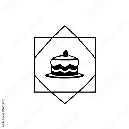 Modern minimalist cake illustration, set within a diamond frame. A black and white cake on a plate with a central droplet on top.