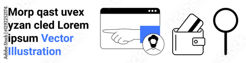 Web profile with user icon, digital wallet holding credit card, magnifying glass. Ideal for user management, financial apps, online shopping security, digital identity, web services tutorials