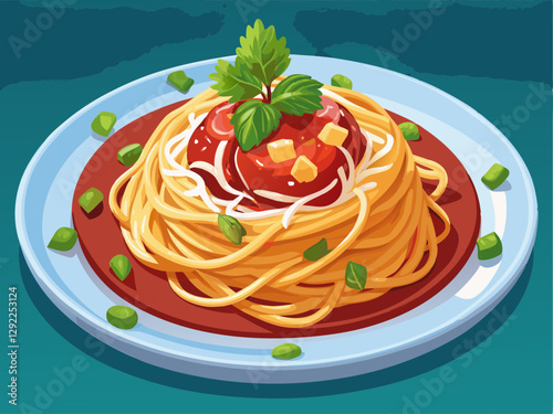 vector of A plate of pasta with tomato sauce, topped with grated cheese and parsley