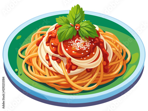 vector of A plate of pasta with tomato sauce, topped with grated cheese and parsley