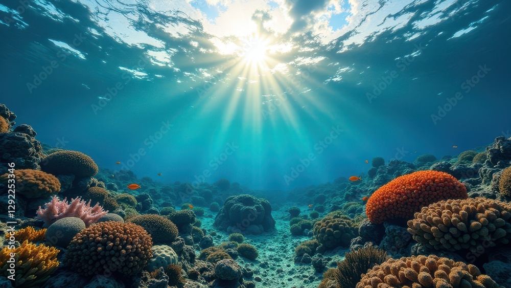 Fototapeta premium Sunlit coral reef underwater showing signs of bleaching and degradation 