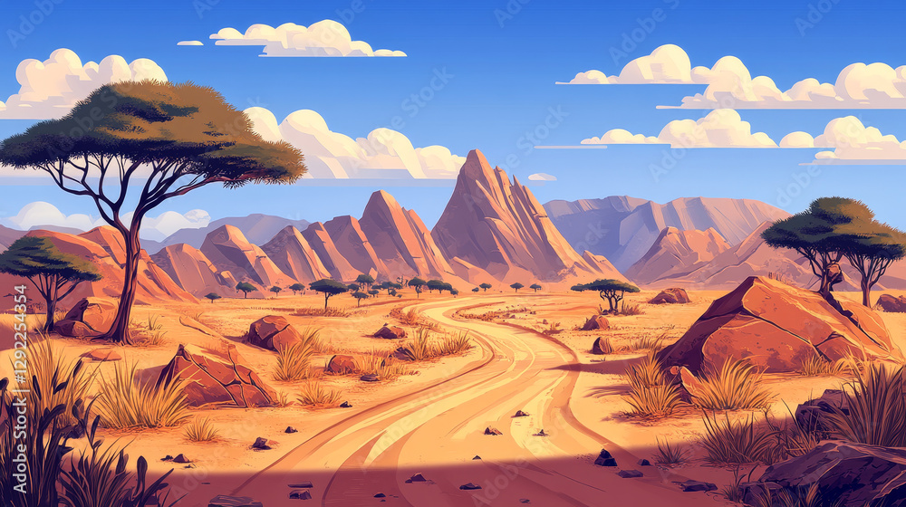 Naklejka premium African savannah desert landscape with road and sand, mountains and stones, trees and bushes. Cartoon vector illustration of summer hot drought Africa scenery with acacia woods and greenery.