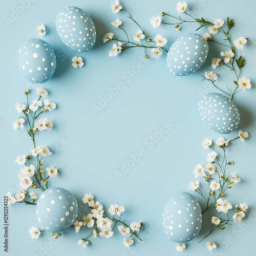 Top down view of an Easter border frame of robin's eggs and white flowers on a light blue background with copy space in the middle.  Happy Easter concept. Flat lay